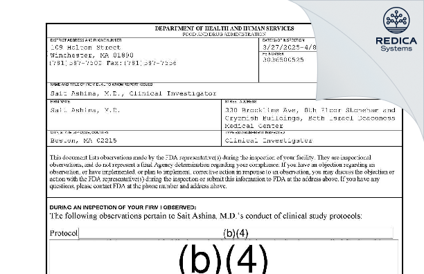 FDA 483 - Sait Ashina, M.D. [Boston / United States of America] - Download PDF - Redica Systems