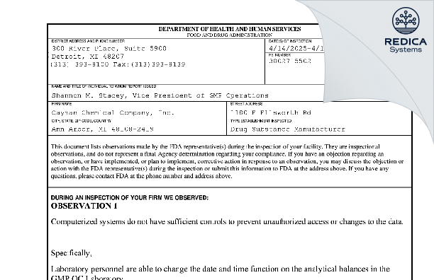 FDA 483 - Cayman Chemical Company, Inc. [Ann Arbor / United States of America] - Download PDF - Redica Systems