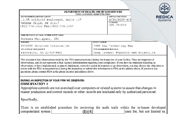 FDA 483 - EMINENT Services Corporation [Frederick / United States of America] - Download PDF - Redica Systems