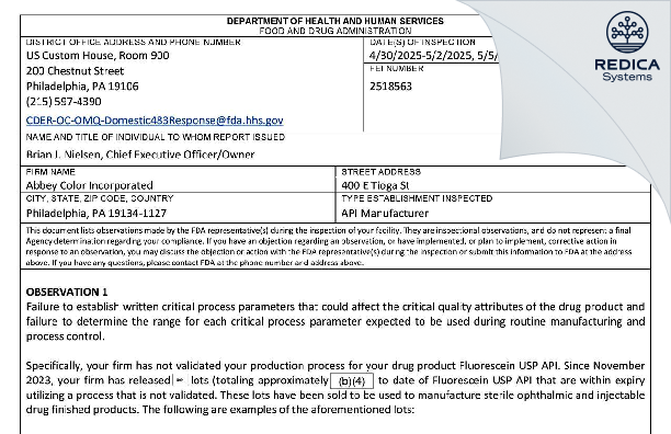 FDA 483 - Abbey Color Incorporated [Philadelphia / United States of America] - Download PDF - Redica Systems