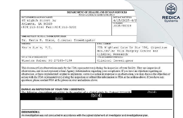 FDA 483 - Kevin Stein, M.D. [Winston Salem / United States of America] - Download PDF - Redica Systems
