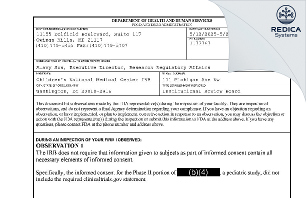 FDA 483 - Children's National Medical Center IRB [Silver Spring / United States of America] - Download PDF - Redica Systems