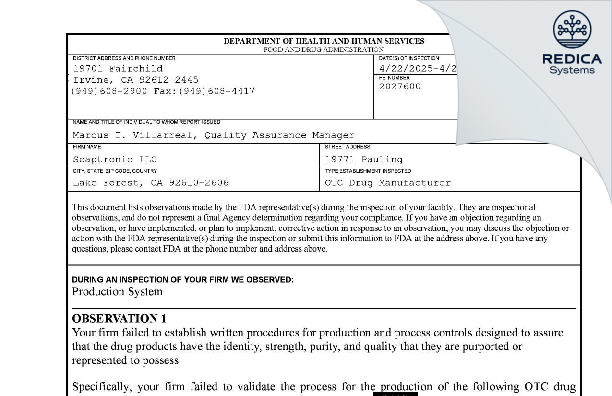 FDA 483 - Soaptronic LLC. [Lake Forest / United States of America] - Download PDF - Redica Systems