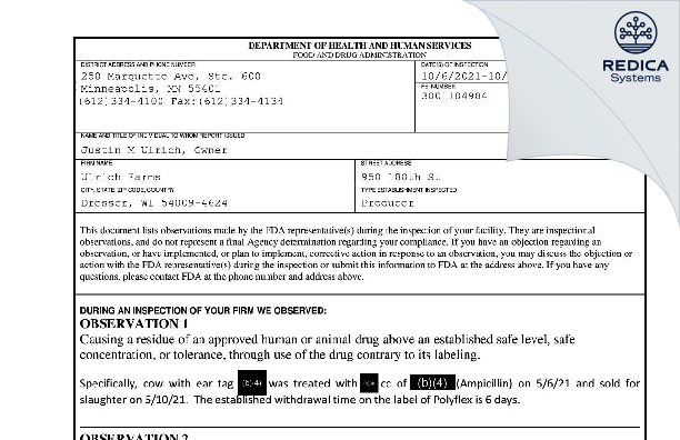 FDA 483 - Ulrich Farms [Dresser / United States of America] - Download PDF - Redica Systems