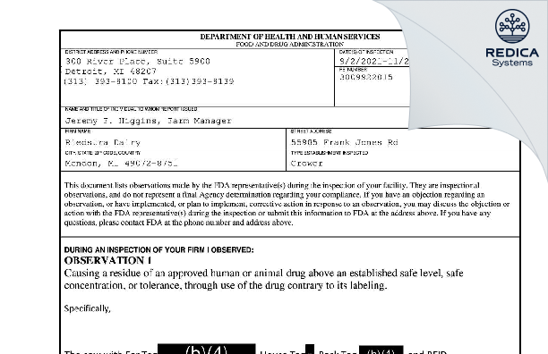 FDA 483 - Riedstra Dairy, Ltd. [Mendon / United States of America] - Download PDF - Redica Systems