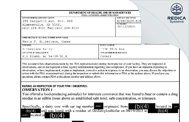 FDA 483 - Gilbertson Dairy [Elk Mound / United States of America] - Download PDF - Redica Systems