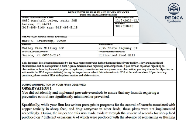 FDA 483 - Valley View Milling LLC [Seneca / United States of America] - Download PDF - Redica Systems