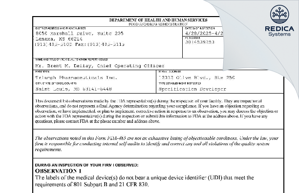 FDA 483 - TRIUMPH PHARMACEUTICALS INC [Saint Louis / United States of America] - Download PDF - Redica Systems