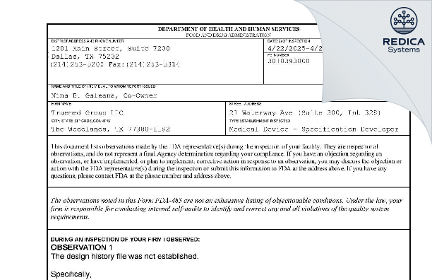 FDA 483 - Truemed Group LLC [Spring / United States of America] - Download PDF - Redica Systems