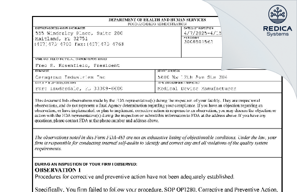 FDA 483 - Ceragroup Industries Inc [Fort Lauderdale / United States of America] - Download PDF - Redica Systems