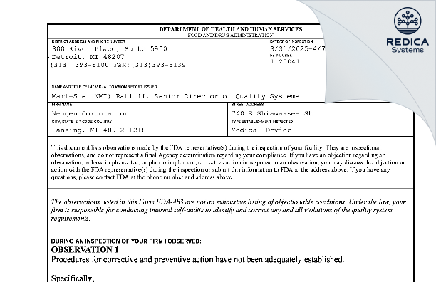 FDA 483 - Acumedia Manufacturers, Inc. [Lansing / United States of America] - Download PDF - Redica Systems