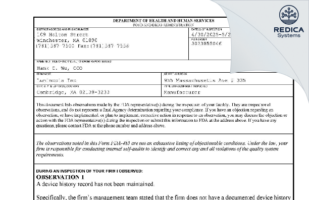 FDA 483 - LUMINOPIA INC [Cambridge / United States of America] - Download PDF - Redica Systems