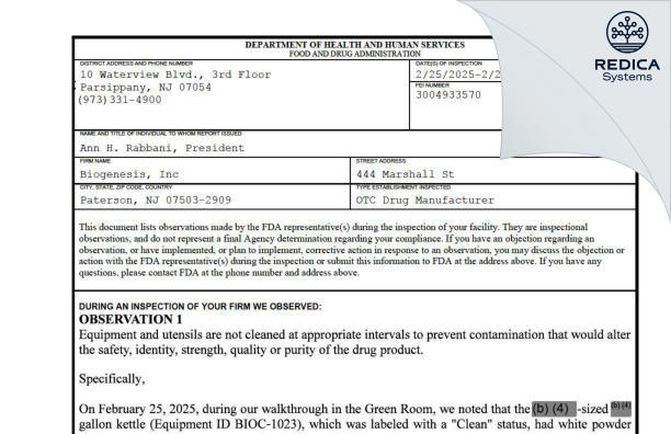 FDA 483 - Biogenesis Inc. [Paterson / United States of America] - Download PDF - Redica Systems