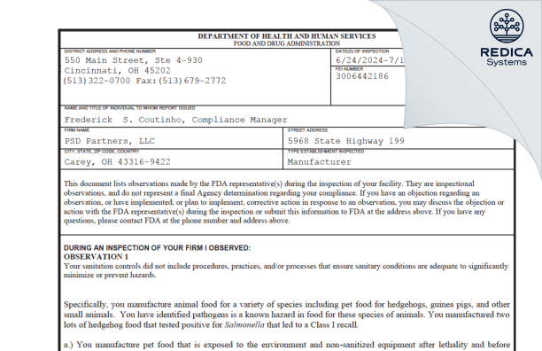 FDA 483 - PSD Partners LLC [Carey / United States of America] - Download PDF - Redica Systems