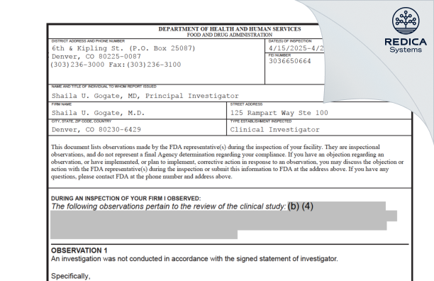 FDA 483 - Shaila U. Gogate, M.D. [Denver / United States of America] - Download PDF - Redica Systems