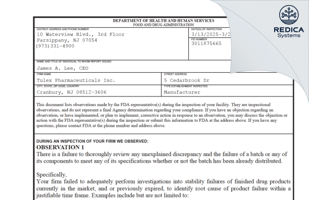FDA 483 - Tulex Pharmaceuticals Inc [Cranbury / United States of America] - Download PDF - Redica Systems