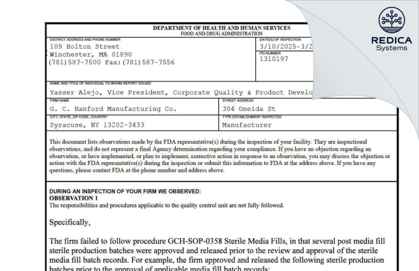 FDA 483 - GC HANFORD MFG CO [Syracuse / United States of America] - Download PDF - Redica Systems