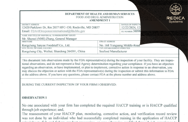 FDA 483 - RONGCHENG SANYUE FOODSTUFF CO.,LTD [Weihai / China] - Download PDF - Redica Systems