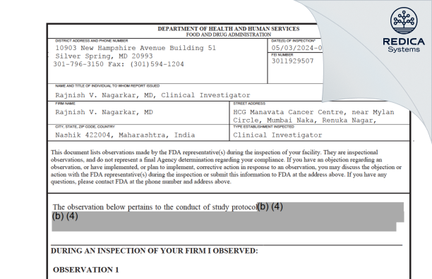 FDA 483 - Rajnish V. Nagarkar, M.D. [Nashik / India] - Download PDF - Redica Systems