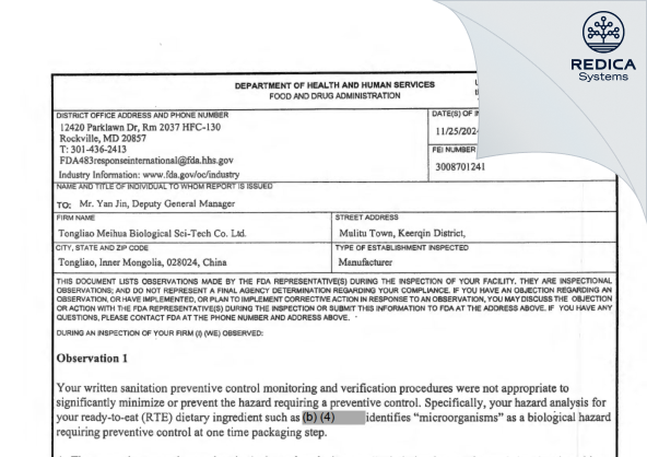 FDA 483 - Tongliao Meihua Biological Sci-Tech Co., Ltd. [Horqin / China] - Download PDF - Redica Systems