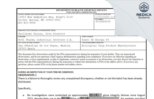 FDA 483 - ROVI PHARMA INDUSTRIAL SERVICES S.A. [San Sebastián De Los Reyes / Spain] - Download PDF - Redica Systems