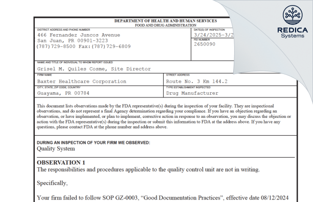 FDA 483 - Baxter Healthcare Corporation [Guayama / Puerto Rico] - Download PDF - Redica Systems