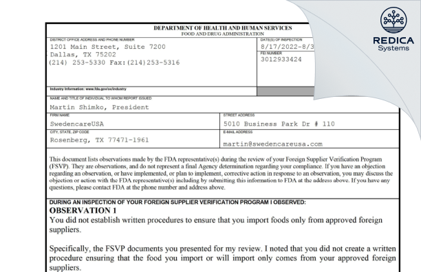 FDA 483 - SwedencareUSA [Richmond / United States of America] - Download PDF - Redica Systems