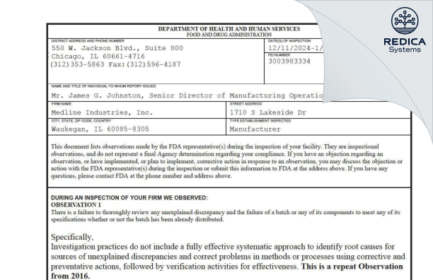 FDA 483 - Medline Industries, LP (f/k/a Medline Industries, Inc.) [Waukegan / United States of America] - Download PDF - Redica Systems