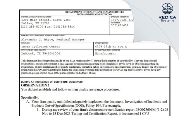 FDA 483 - ISORX CYCLOTRON CENTER [Lubbock / United States of America] - Download PDF - Redica Systems