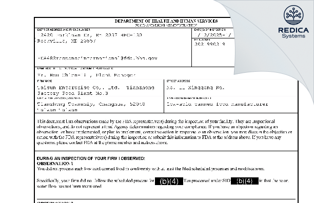 FDA 483 - Taisun Enterprise Co,. Ltd. Tianzhong Factory Food Plant No.3 [Tianzhong Township / Taiwan] - Download PDF - Redica Systems