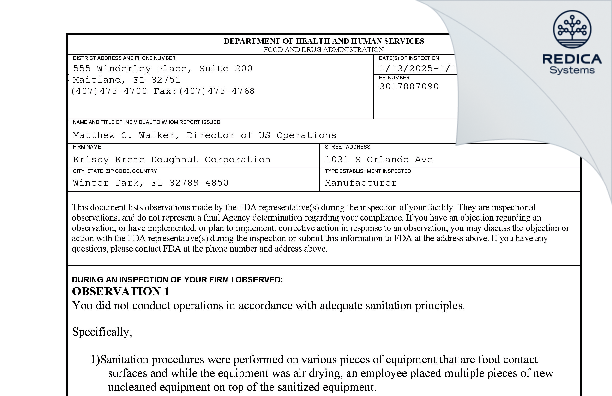 FDA 483 - Krispy Kreme Doughnut Corporation [Winter Park / United States of America] - Download PDF - Redica Systems