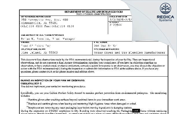 FDA 483 - Land O' Lakes Inc [Pine Island / United States of America] - Download PDF - Redica Systems