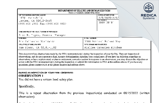 FDA 483 - Air Culinaire Worldwide [San Diego / United States of America] - Download PDF - Redica Systems