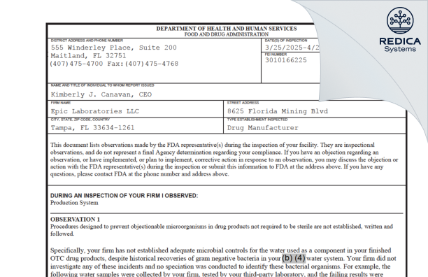 FDA 483 - Tropical Enterprises International, Inc. [Tampa / United States of America] - Download PDF - Redica Systems
