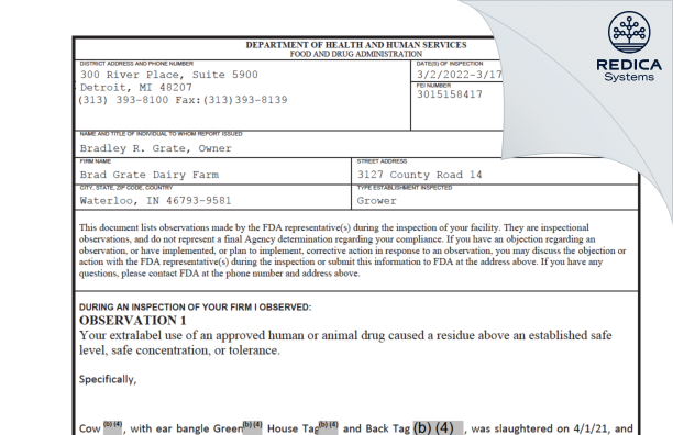 FDA 483 - Brad Grate Dairy Farm [Waterloo / United States of America] - Download PDF - Redica Systems