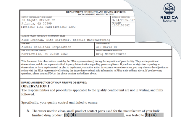 FDA 483 - Alcami Carolinas Corporation [Morrisville / United States of America] - Download PDF - Redica Systems