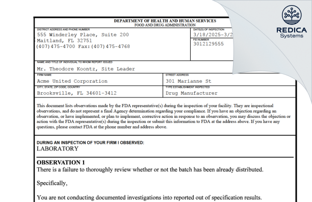 FDA 483 - Acme United Corporation [Brooksville / United States of America] - Download PDF - Redica Systems