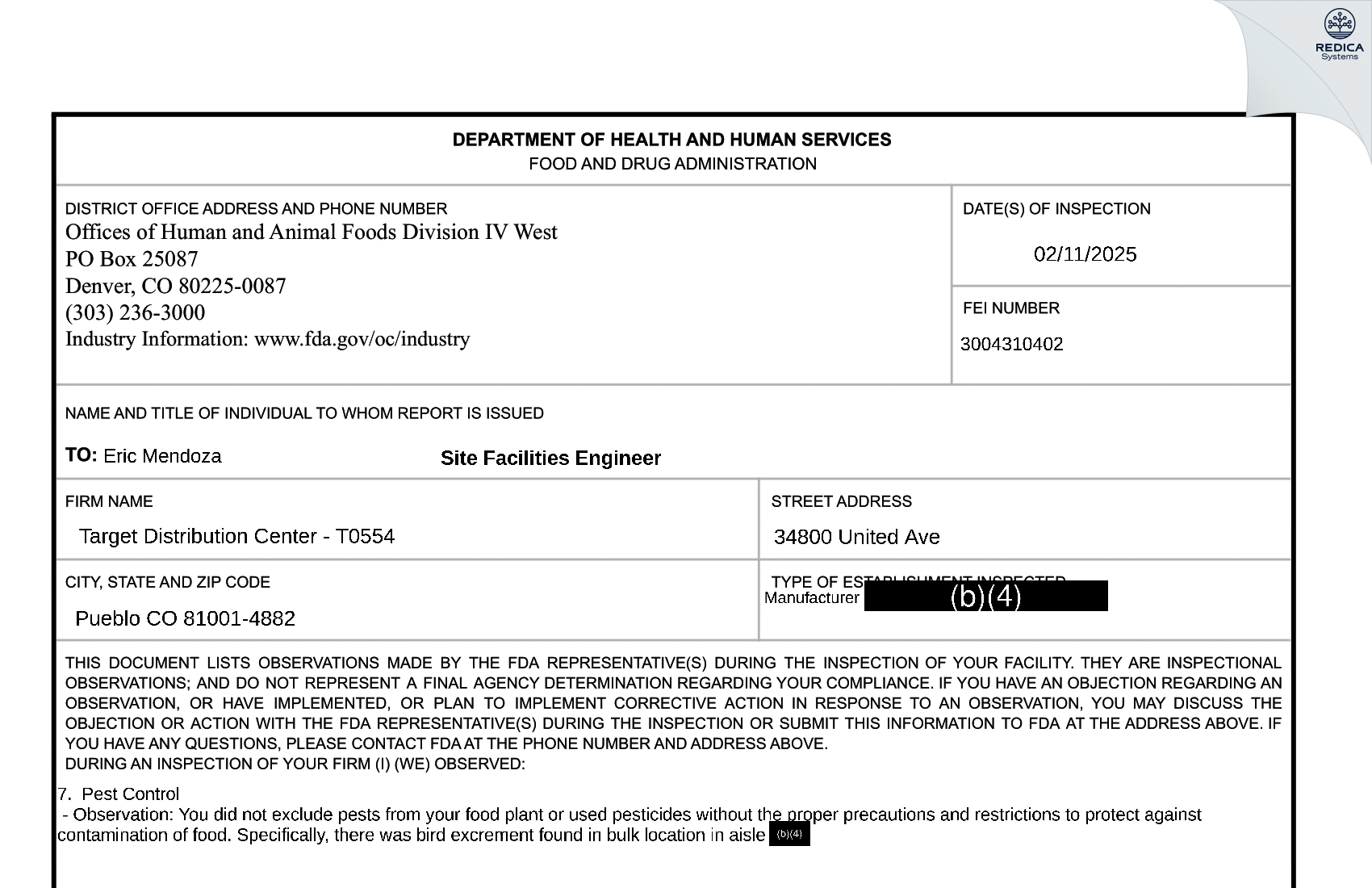FDA 483 - Target Corp DC T0554 [Pueblo / United States of America] - Download PDF - Redica Systems