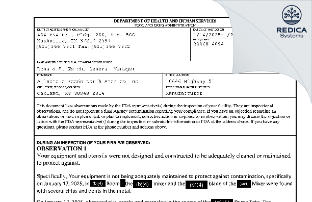 FDA 483 - Ajinomoto Foods North America Inc [Oakland / United States of America] - Download PDF - Redica Systems