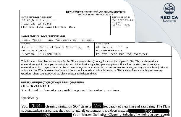 FDA 483 - Automatic Rolls of North Carolina, LLC [Clayton / United States of America] - Download PDF - Redica Systems