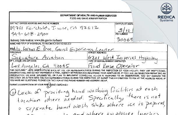 FDA 483 - Landmark Aviation (dba Signature Flight Support) [Los Angeles / United States of America] - Download PDF - Redica Systems