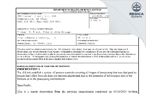 FDA 483 - Mead Johnson and Co., LLC [Wanamingo / United States of America] - Download PDF - Redica Systems