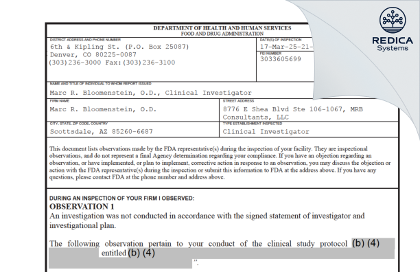 FDA 483 - Marc R. Bloomenstein, O.D. [Scottsdale / United States of America] - Download PDF - Redica Systems