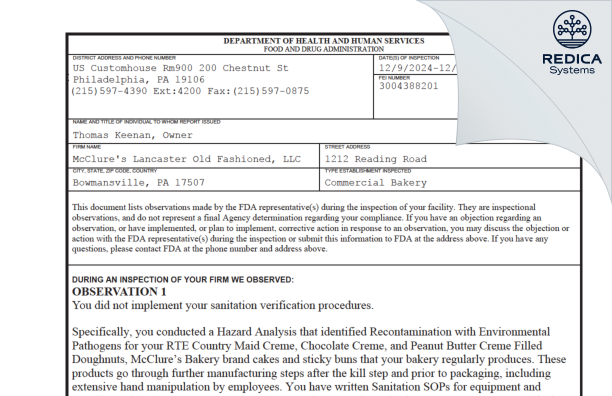 FDA 483 - McClure's Lancaster Old Fashioned, LLC [Narvon / United States of America] - Download PDF - Redica Systems