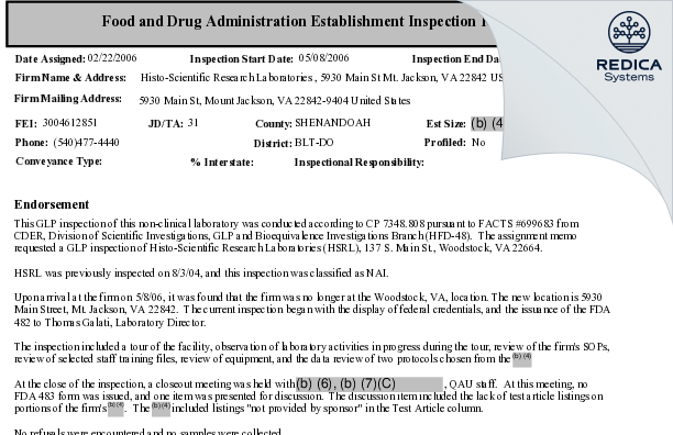 EIR - HistoScientific Research Laboratories (HSRL), Inc. [Mount Jackson / United States of America] - Download PDF - Redica Systems