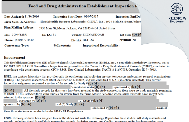 EIR - HistoScientific Research Laboratories (HSRL), Inc. [Mount Jackson / United States of America] - Download PDF - Redica Systems