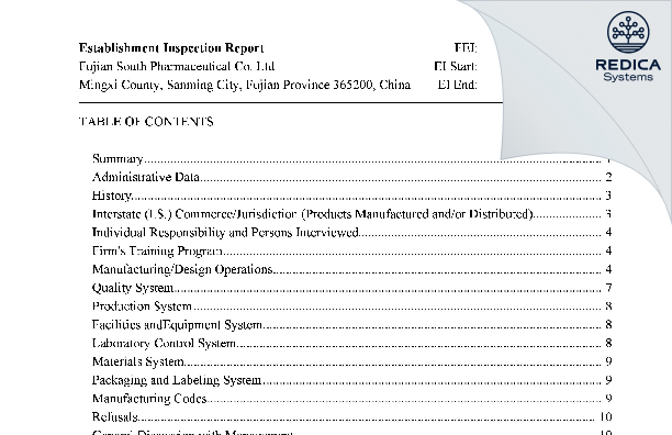 EIR - Fujian South Pharmaceutical Co. Ltd. [Xuefeng / China] - Download PDF - Redica Systems