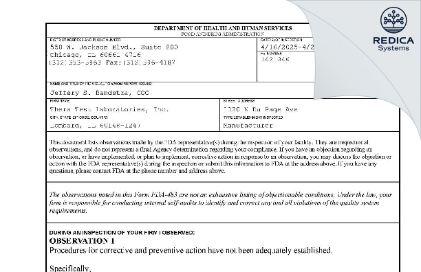 FDA 483 - Thera Test Laboratories, Inc. [Lombard / United States of America] - Download PDF - Redica Systems