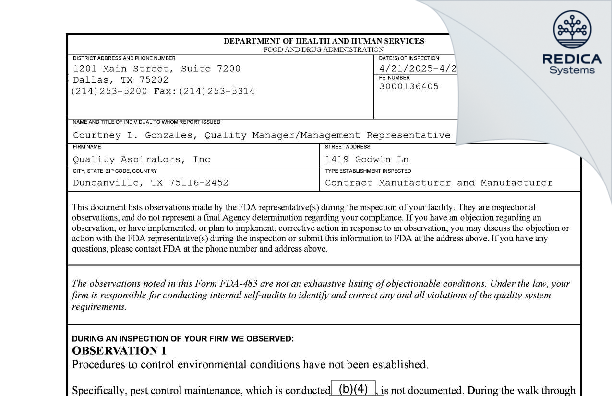 FDA 483 - Quality Aspirators, Inc [Duncanville / United States of America] - Download PDF - Redica Systems