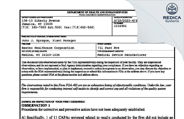 FDA 483 - Baxter Healthcare Corporation [Medina / United States of America] - Download PDF - Redica Systems